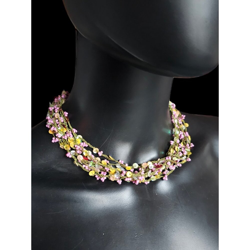 Crochet Bead Pink/Green/Yellow Necklace